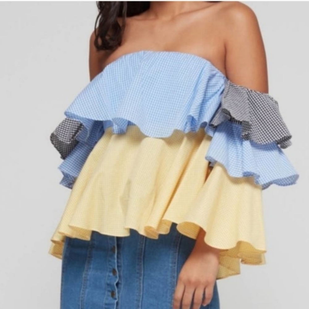 StyleKeepers colorblock gingham off the shoulder tiered top Romantic Feminine